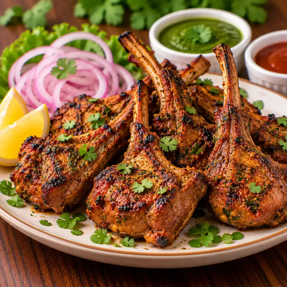 Lamb Chops — Savor our perfectly seared lamb chops, boasting a rich, savory flavor at Apna Bazar - Eatery